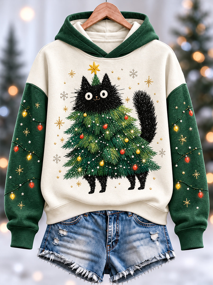 Sweat à capuche décontracté drôle mignon chat noir imprimé arbre de Noël pour femmes