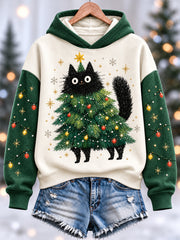 Sweat à capuche décontracté drôle mignon chat noir imprimé arbre de Noël pour femmes