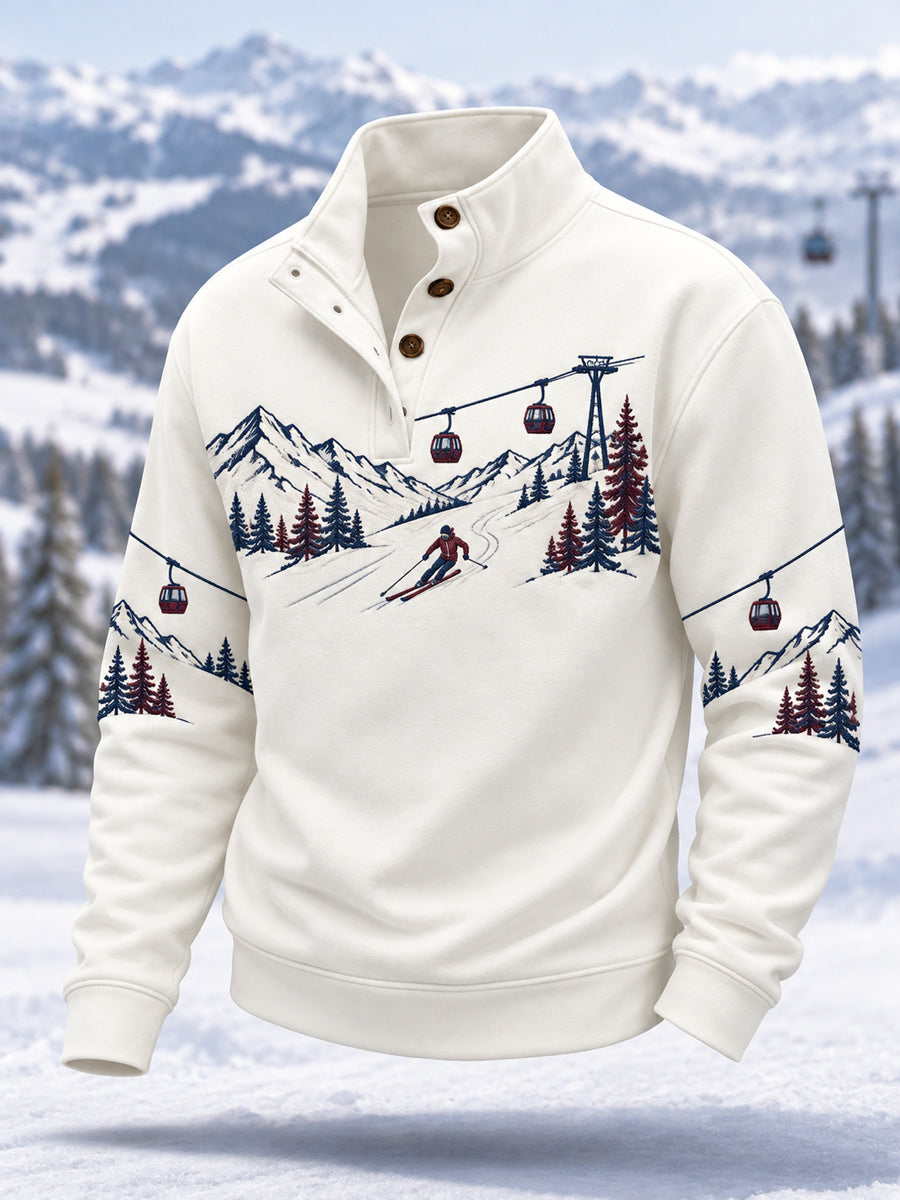 Les amoureux du ski des hommes prêts pour le pull occasionnel de boutons de saison de ski