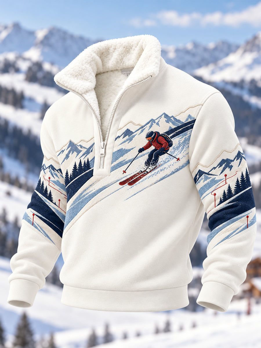 Pull décontracté en peluche à fermeture éclair pour hommes, idéal pour les passionnés de ski, prêt pour la saison de ski