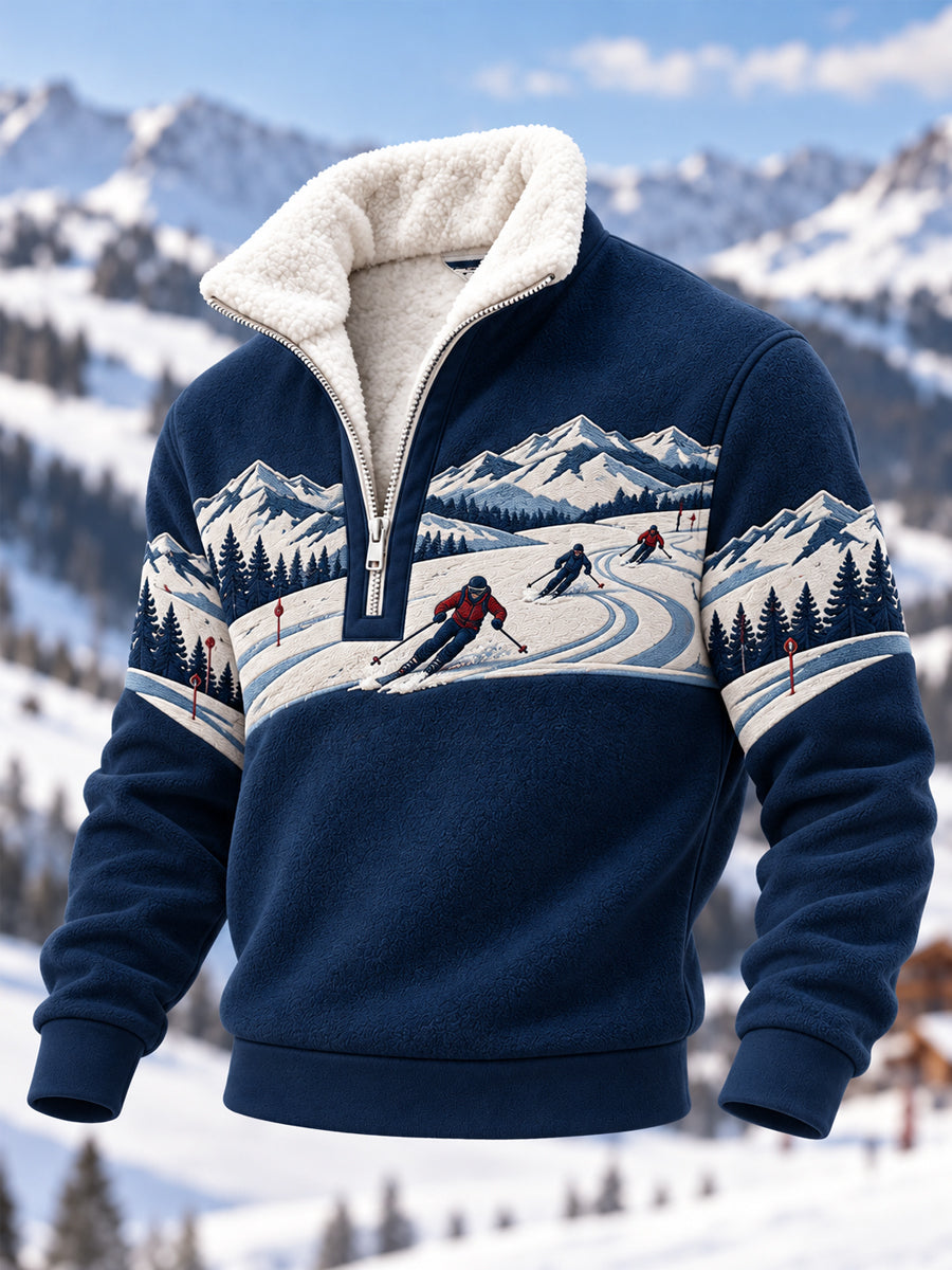 Pull décontracté en peluche à fermeture éclair pour hommes, idéal pour les passionnés de ski, prêt pour la saison de ski