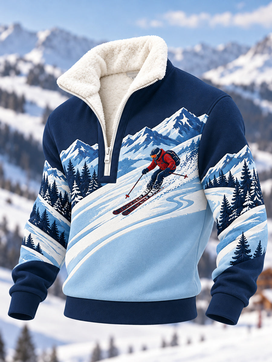 Pull décontracté en peluche à fermeture éclair pour hommes, idéal pour les passionnés de ski, prêt pour la saison de ski