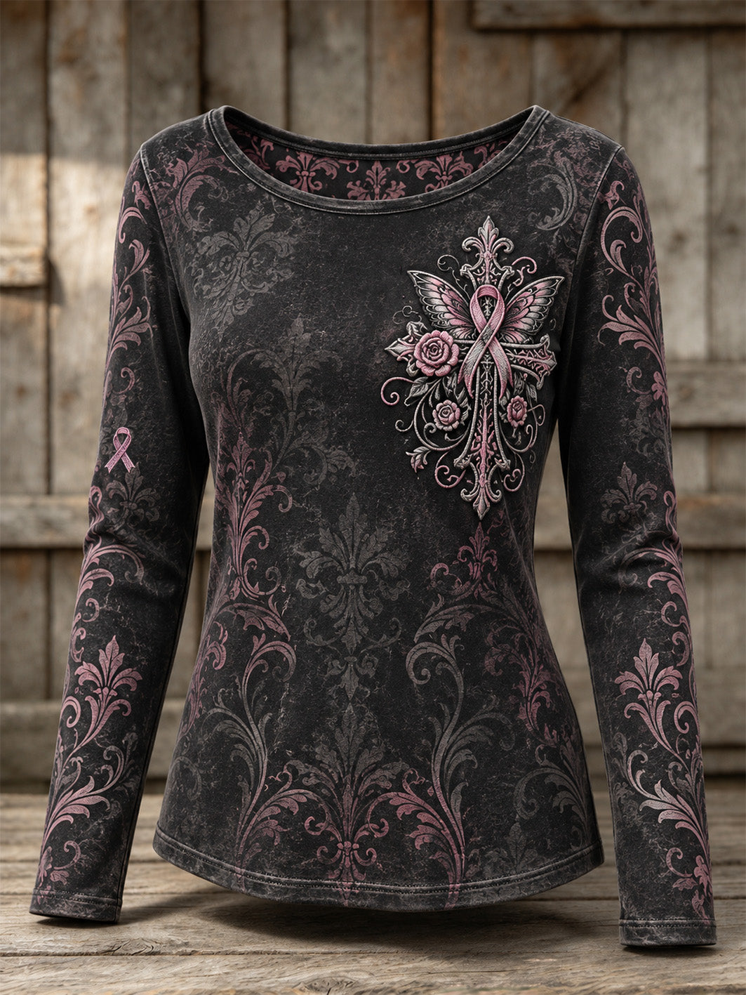 Femmes Rose Corss et Rose Charité Ruban Motif Conception Casual Velour Surdimensionné Col Rond T-Shirt