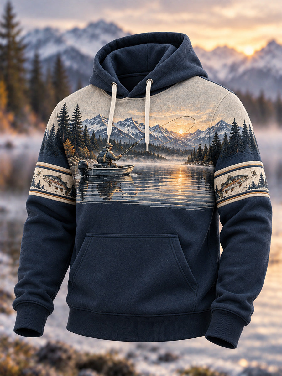 Sweat à capuche surdimensionné pour hommes Vintage Wilderness Fishing Print avec poches