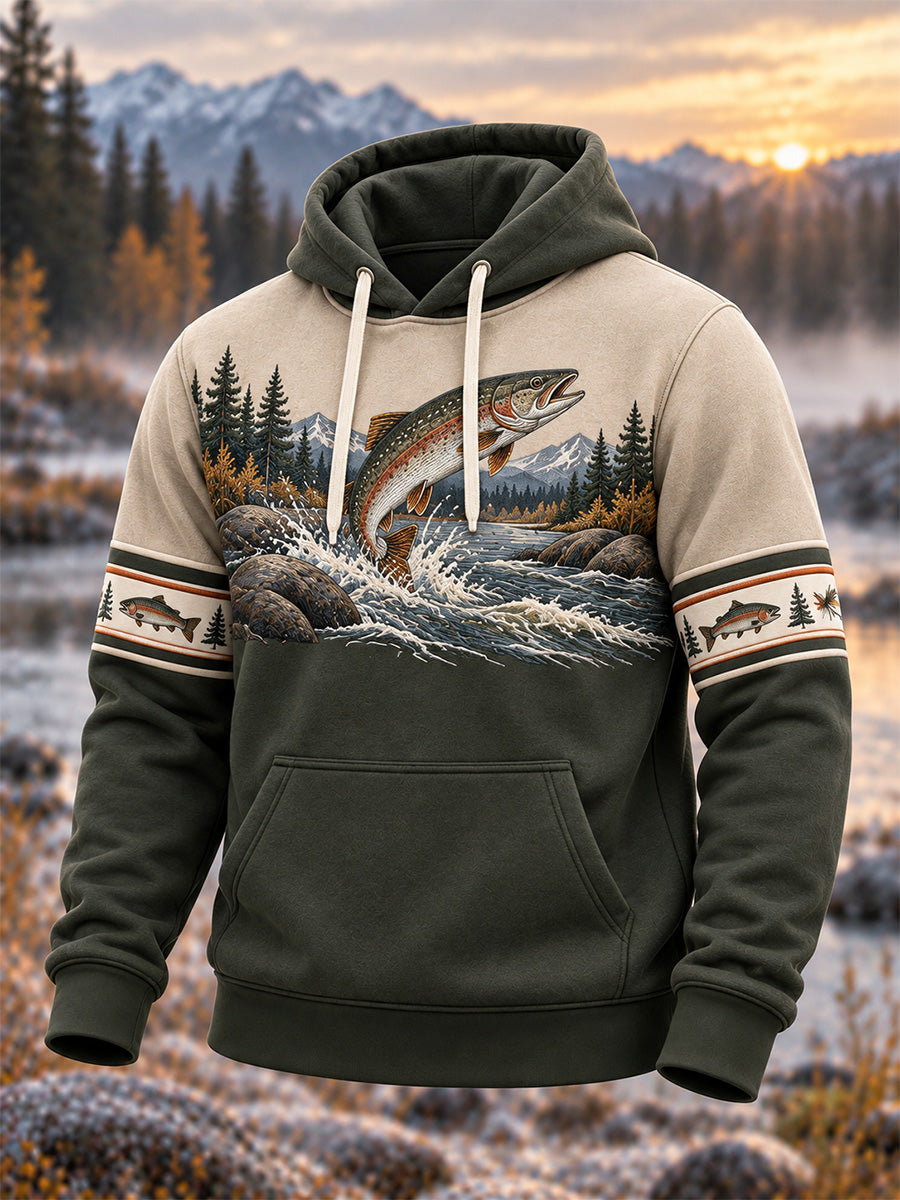 Sweat à capuche surdimensionné à épaules tombantes pour homme, style vintage, motif pêche en pleine nature, avec poches