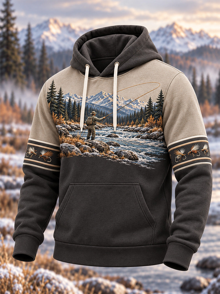 Sweat à capuche surdimensionné à épaules tombantes pour homme, style vintage, motif pêche en pleine nature, avec poches