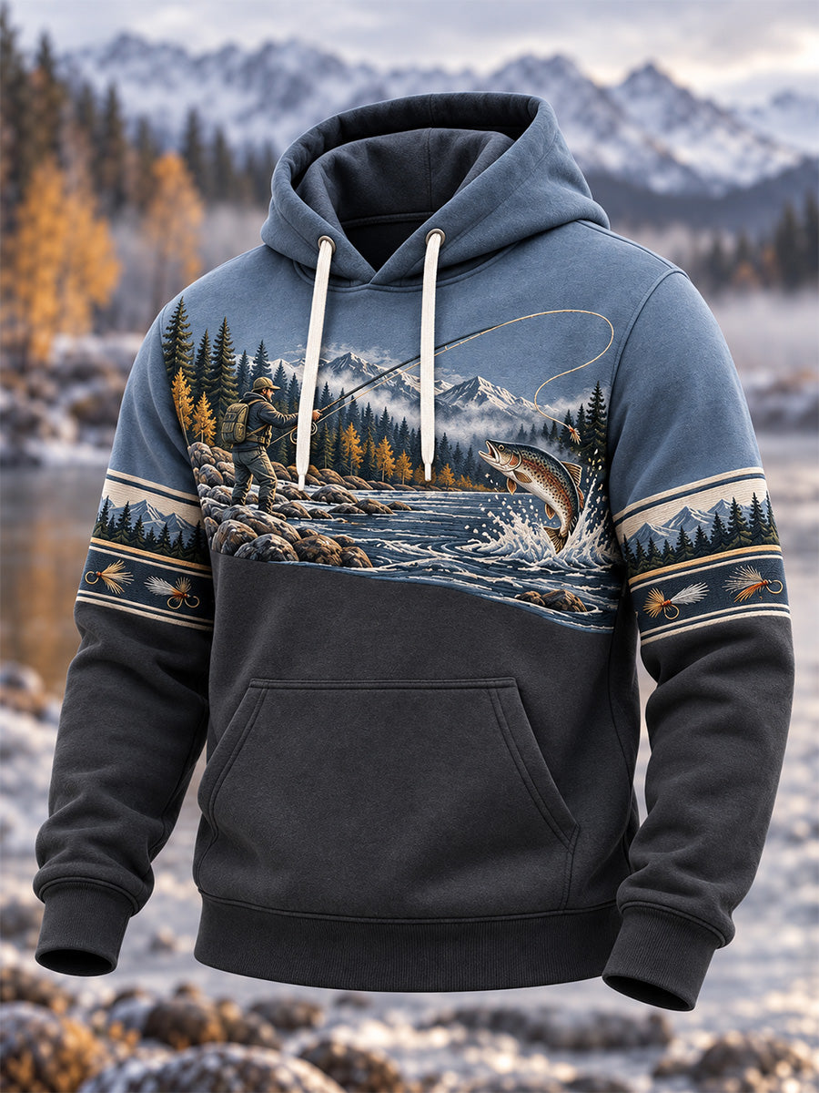 Sweat à capuche surdimensionné à épaules tombantes pour homme, style vintage, motif pêche en pleine nature, avec poches