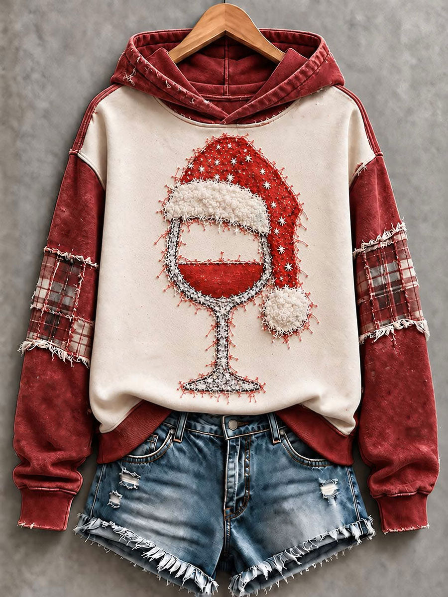 Sweat-shirt de Noël à imprimé de verre à vin rouge pour femmes