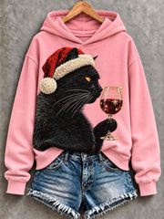 Sweat-shirt Femme de Noël Chat Noir Rouge Verre de Vin Imprimé Régulier