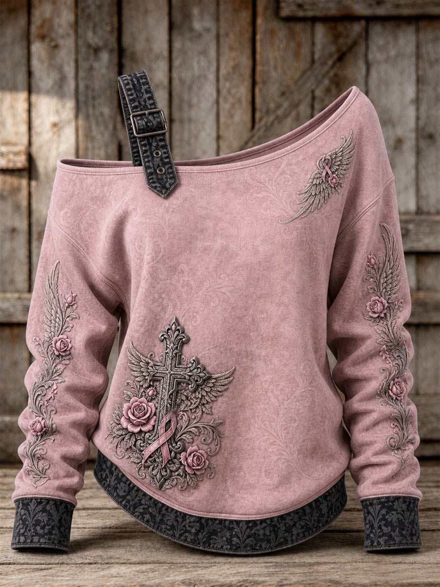 Sweatshirt Femme Gothique Croisé Rose Ruban Roses Imprimé Floral à Épaules Dénudées