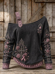 Sweat-shirt gothique à épaules dénudées pour femme, motif floral avec croix, ruban rose et roses