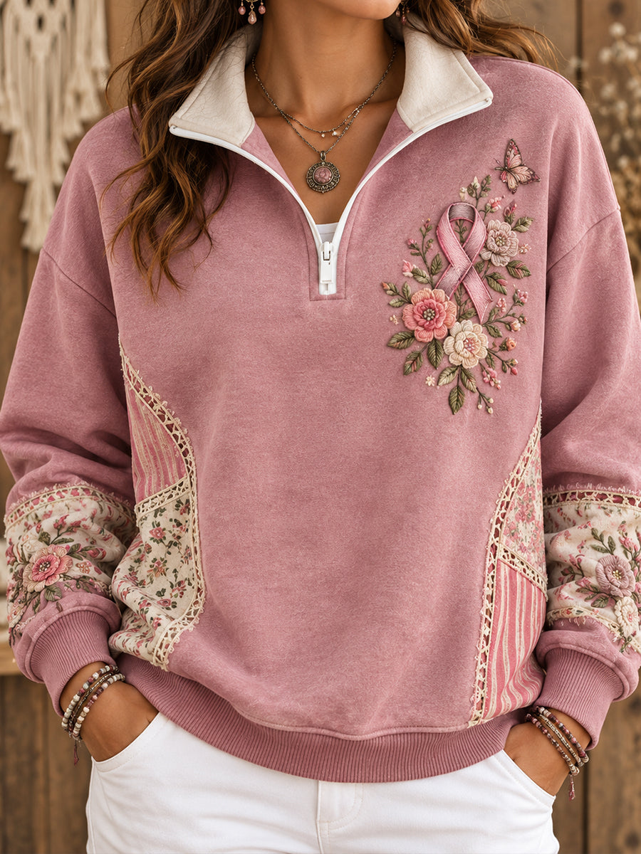Sweat-shirt imprimé floral de style bohème pour femmes, en soutien à la sensibilisation au cancer du sein