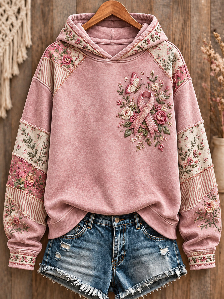 Style bohème femmes sensibilisation au cancer du sein Art floral imprimé Hoodie