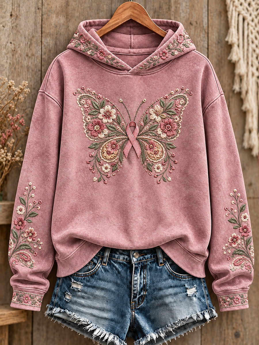 Sweat à capuche imprimé floral de style bohème pour femmes, en soutien à la sensibilisation au cancer du sein