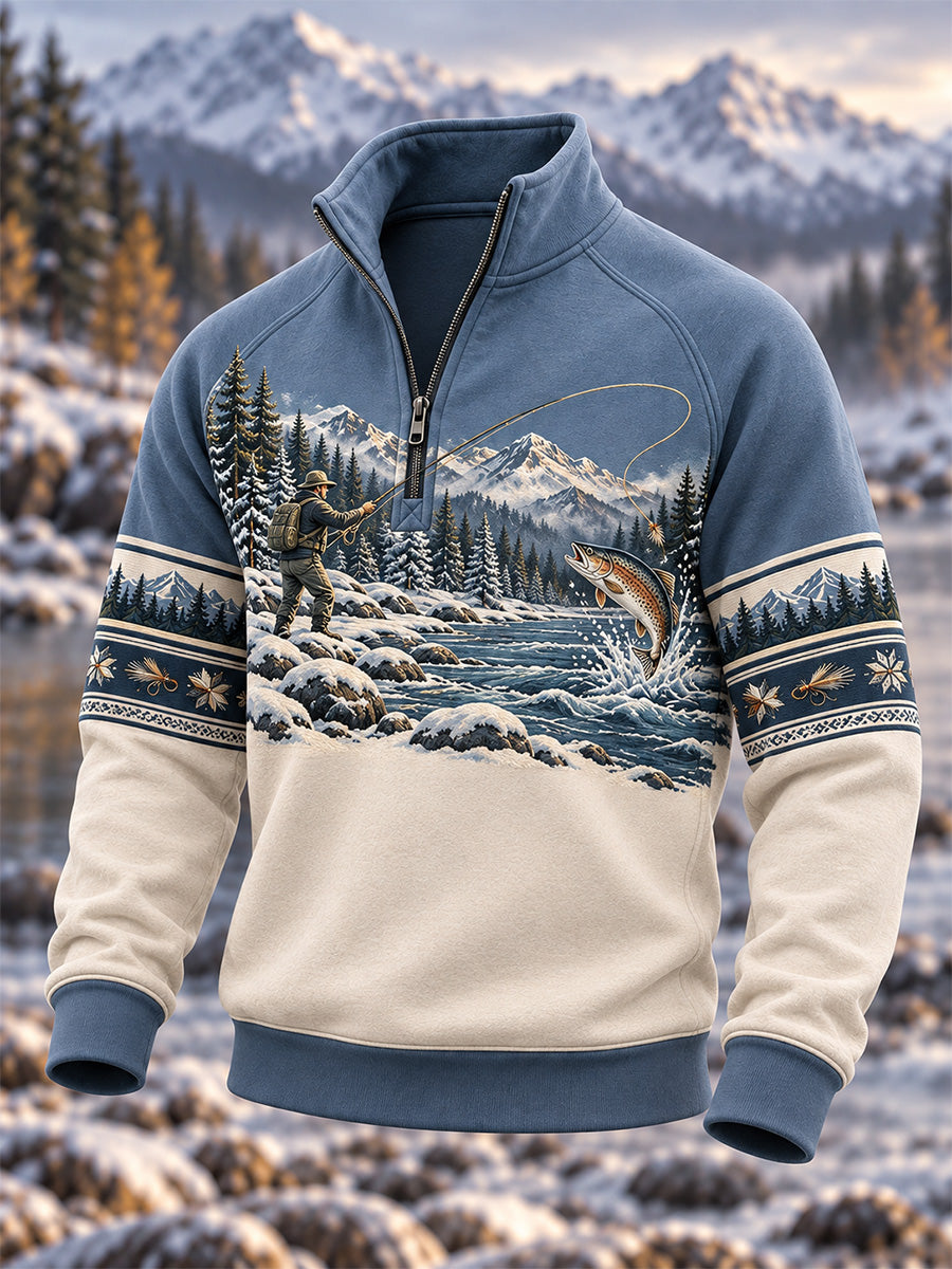 Sweat à capuche zippé vintage pour homme, motif pêche en pleine nature