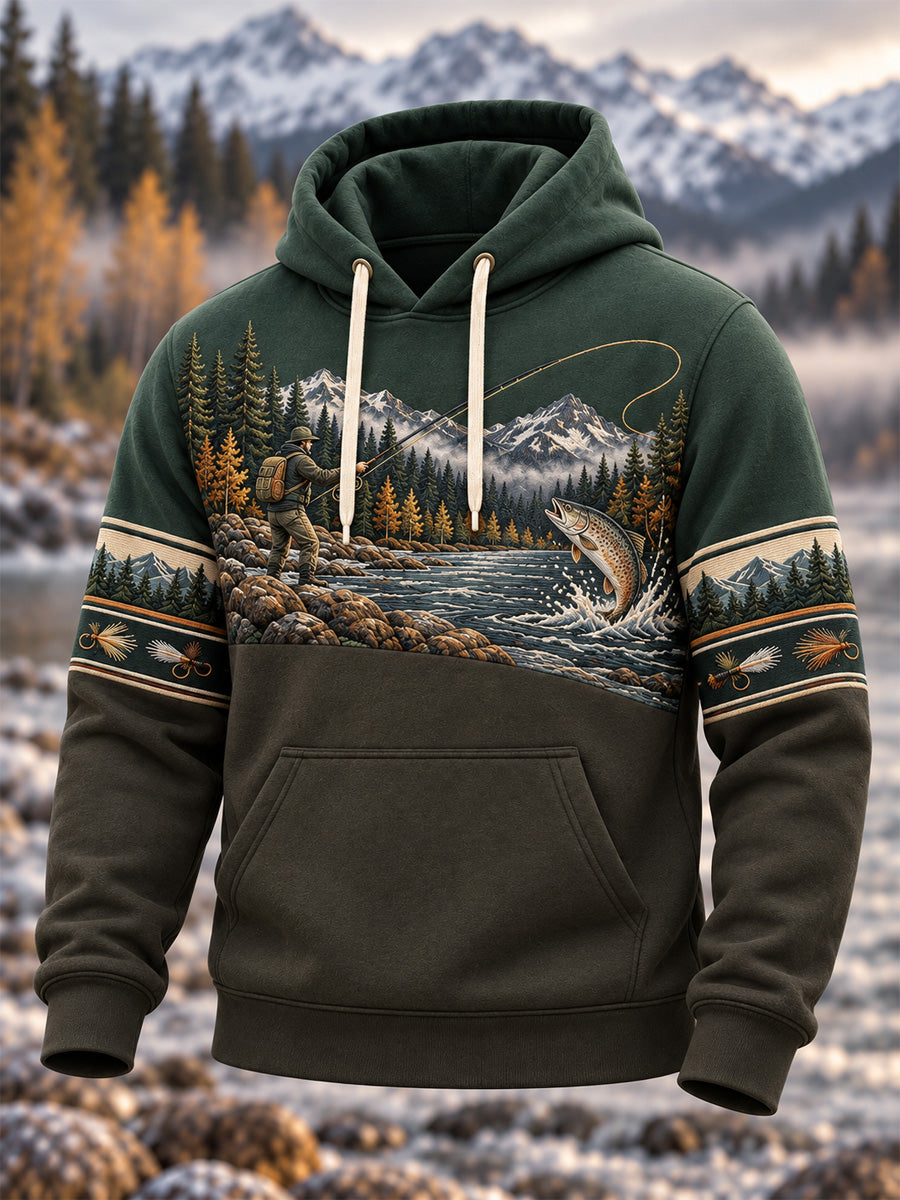 Sweat à capuche surdimensionné à épaules tombantes pour homme, style vintage, motif pêche en pleine nature, avec poches