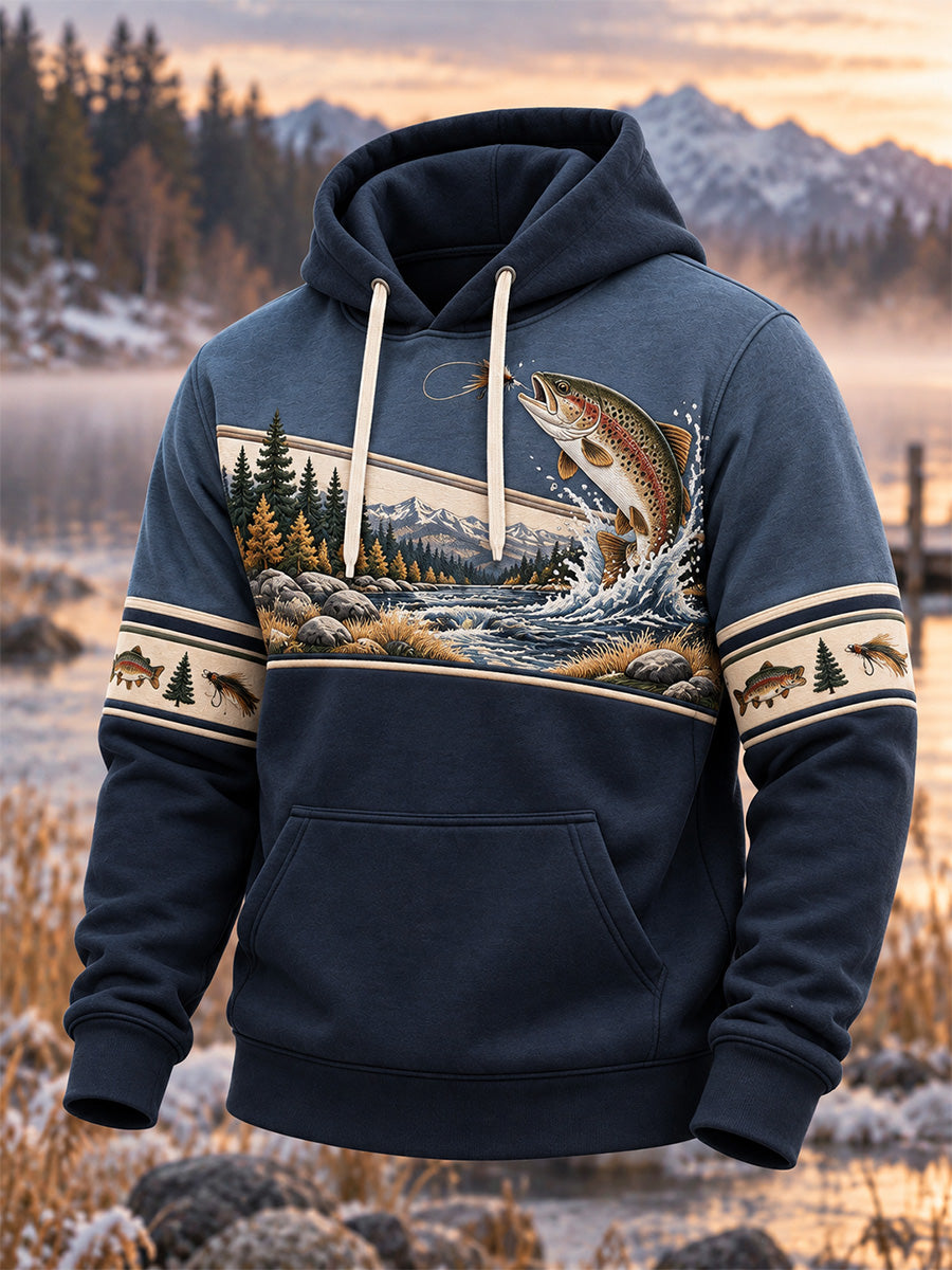 Sweat à capuche surdimensionné à épaules tombantes pour homme, style vintage, motif pêche en pleine nature, avec poches