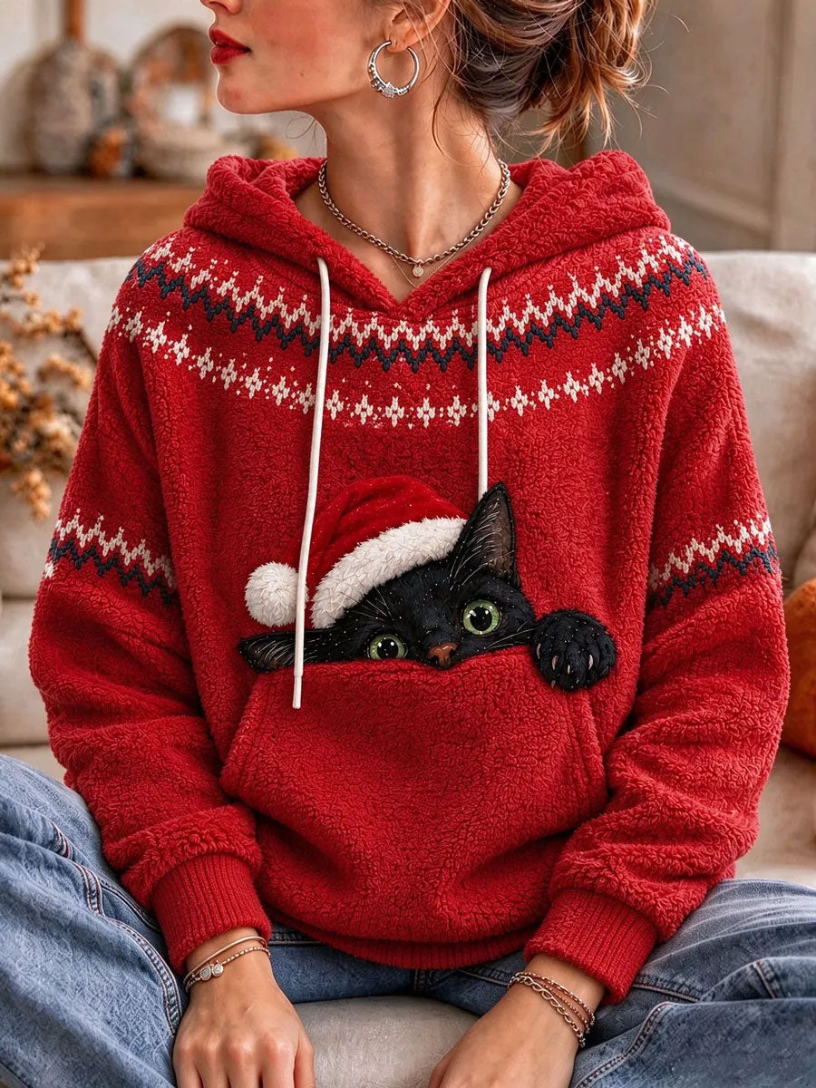Sweat à capuche en flanelle imprimé chat drôle de Noël pour femmes