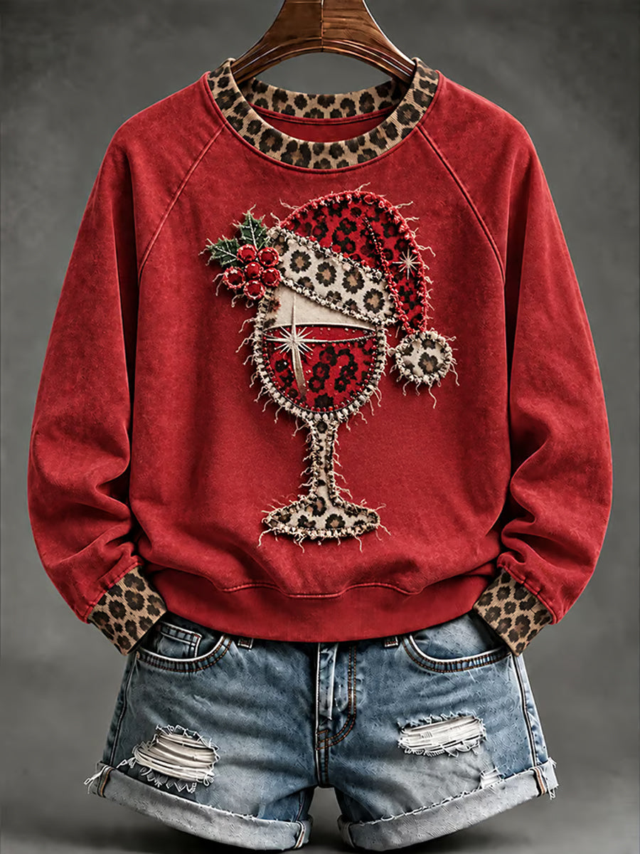Sweat-shirt décontracté à imprimé verre à vin rouge léopard de Noël pour femmes