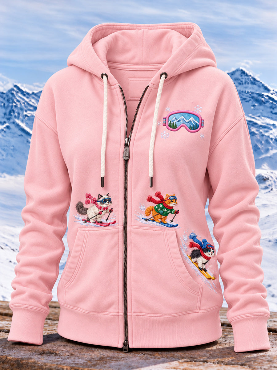 Sweat à capuche zippé pour femme avec imprimé mignon de chat sur le thème du ski