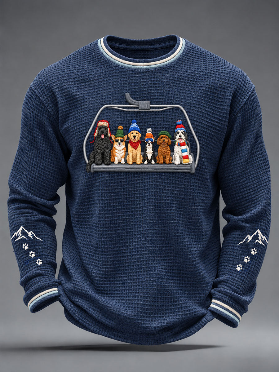 Ski Dog Print Waffle T-shirt à manches longues pour hommes