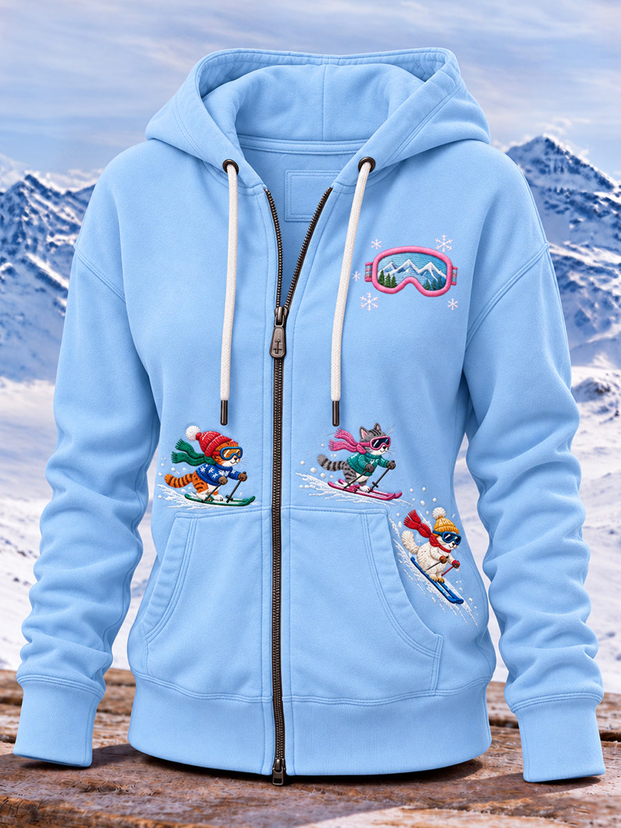 Sweat à capuche à glissière Cute Cat Ski Graphic Femme