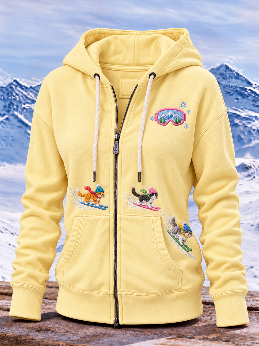 Sweat à capuche zippé pour femme avec imprimé mignon de chat sur le thème du ski