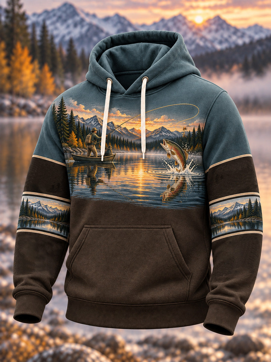 Sweat à capuche surdimensionné à épaules tombantes pour homme, style vintage, motif pêche en pleine nature, avec poches