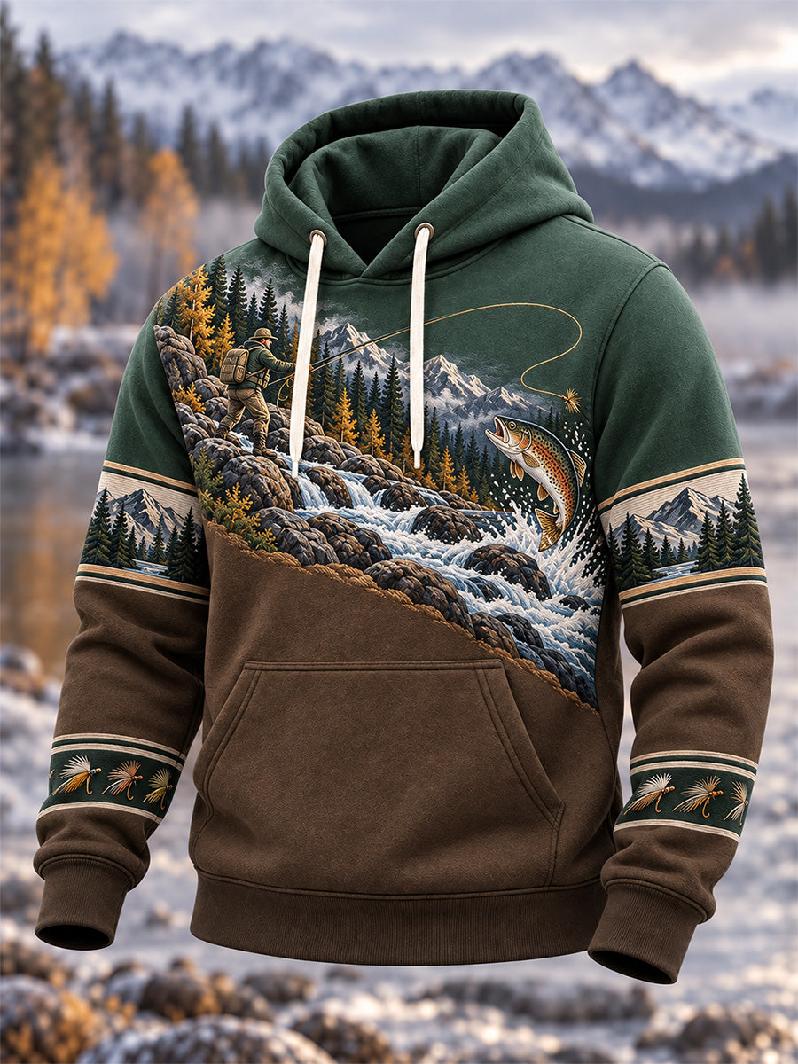 Sweat à capuche surdimensionné à épaules tombantes pour homme, style vintage, motif pêche en pleine nature, avec poches