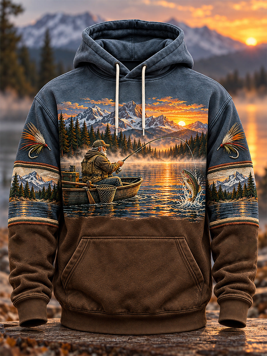 Sweat à capuche surdimensionné à épaules tombantes pour homme, style vintage, motif pêche en pleine nature, avec poches