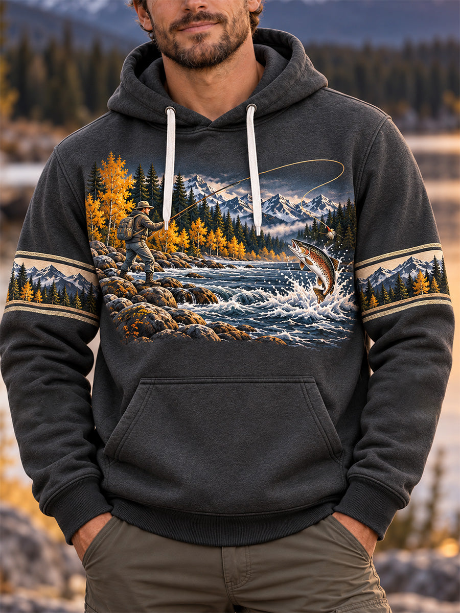Sweat à capuche surdimensionné à épaules tombantes pour homme, style vintage, motif pêche en pleine nature, avec poches