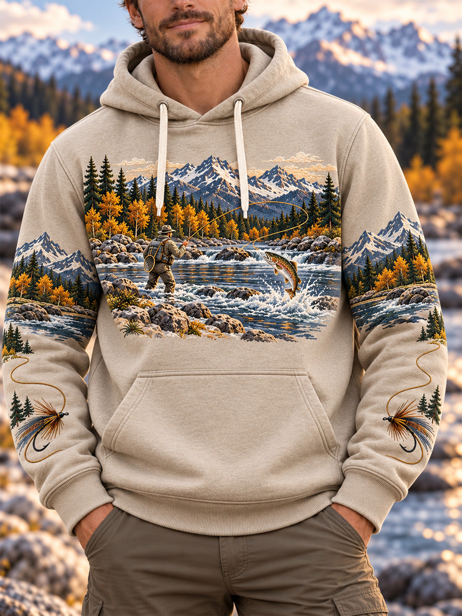 Sweat à capuche surdimensionné à épaules tombantes pour homme, style vintage, motif pêche en pleine nature, avec poches
