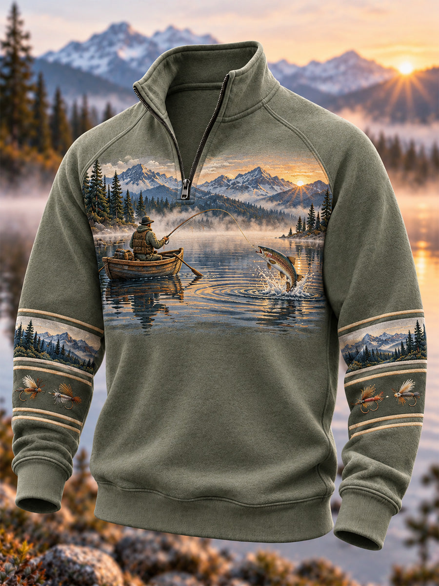 Sweat à capuche zippé vintage pour homme, motif pêche en pleine nature