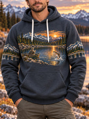 Sweat à capuche surdimensionné à épaules tombantes pour homme, style vintage, motif pêche en pleine nature, avec poches
