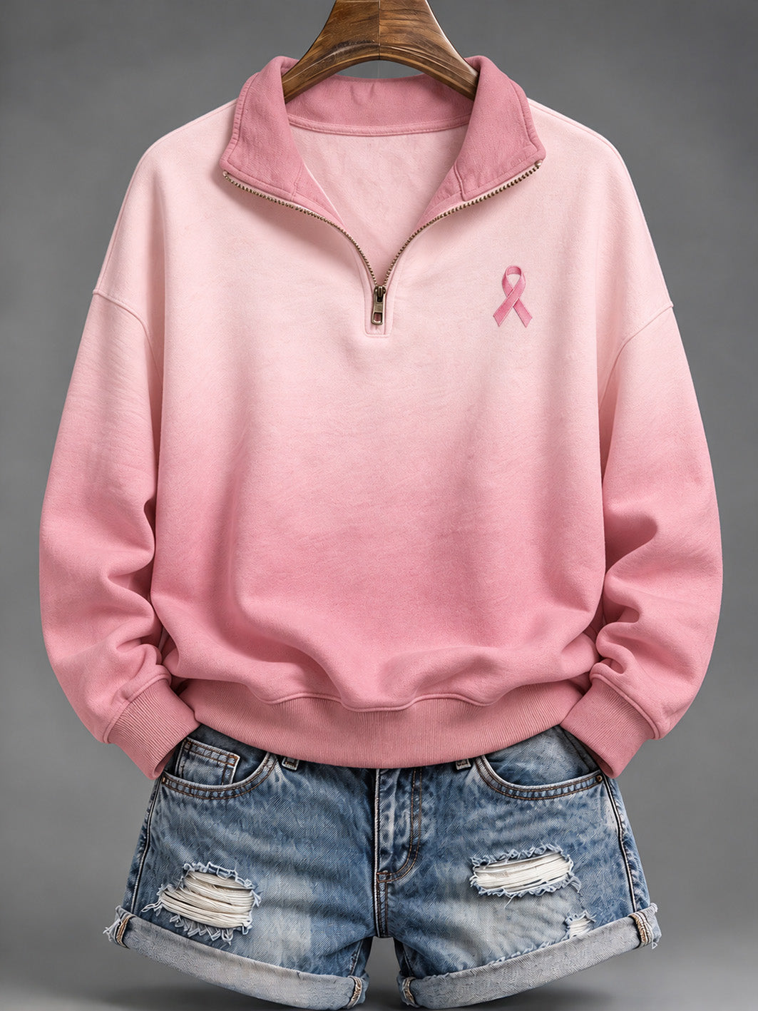 Motif de ruban de charité rose des femmes Gradient Design Casual Half-Zip Sweatshirt