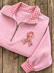 Sweat-shirt à demi-zip décontracté pour femme, motif à carreaux et ruban rose vintage