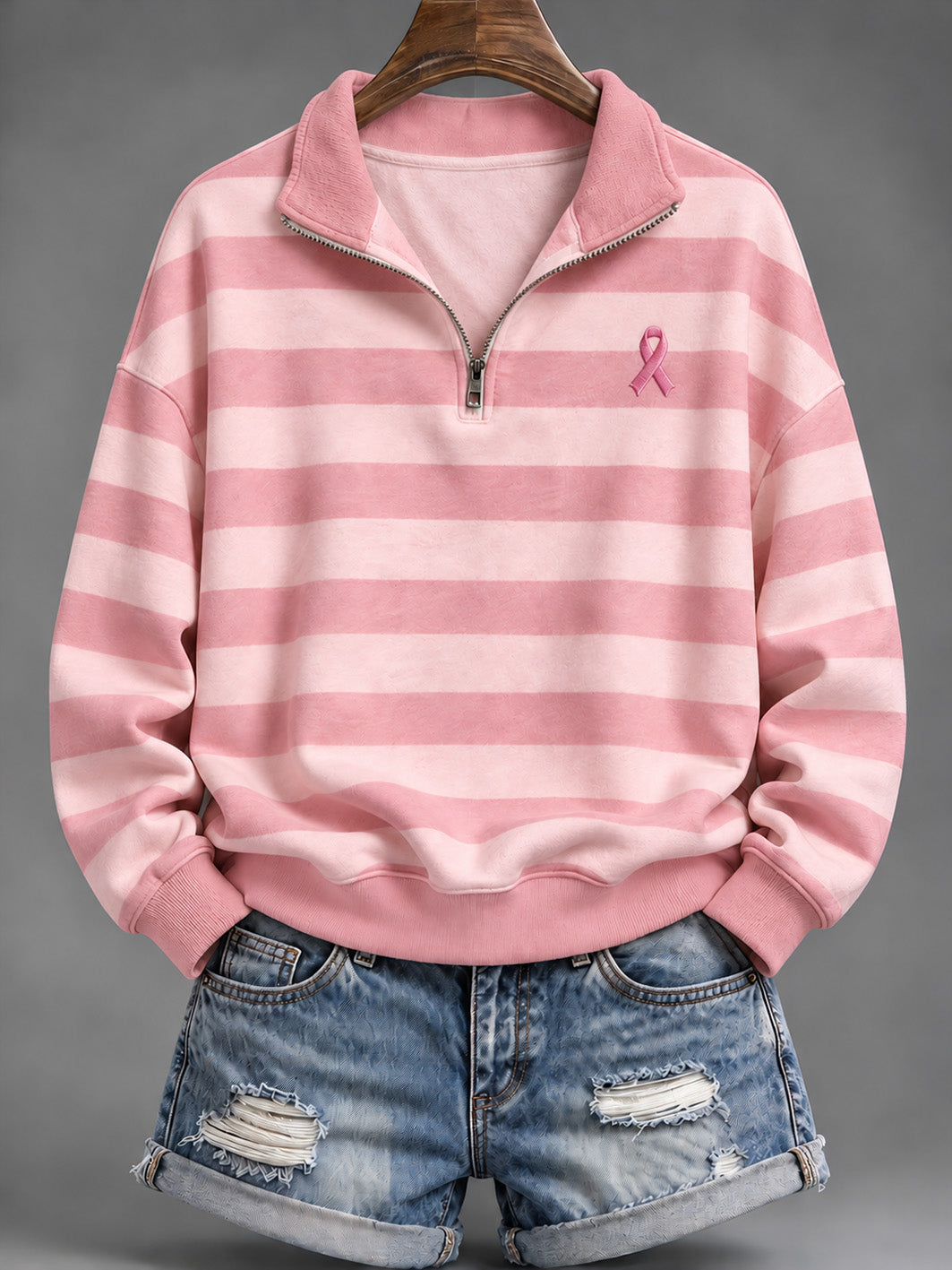 Sweat-shirt décontracté à demi-zip pour femmes à rayures roses et à motif de ruban de charité rose