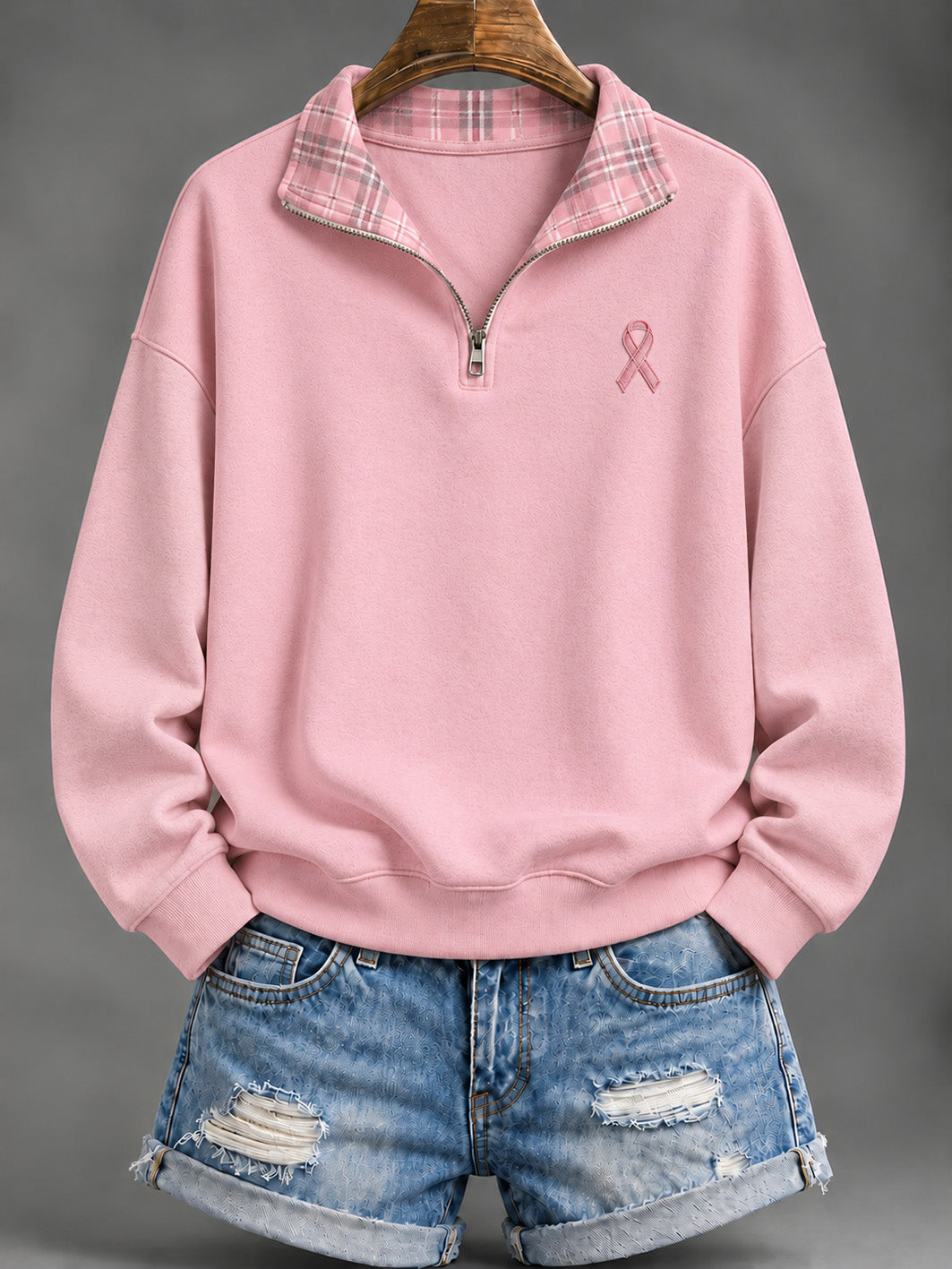 Sweat-shirt à demi-zip décontracté à motif de ruban de charité rose et rose pour femme