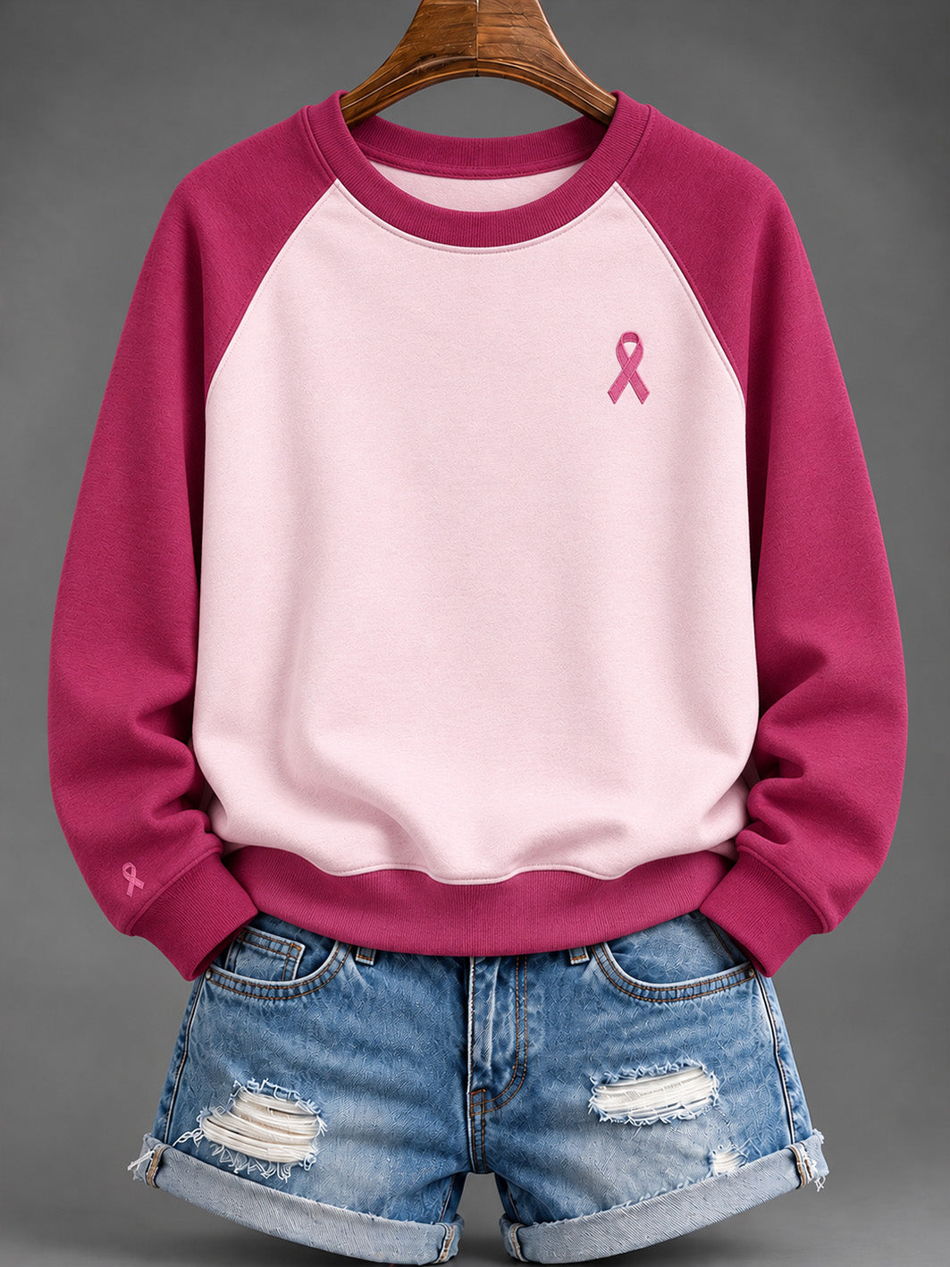 Sweat-shirt à manches raglan à motif de ruban de charité rose pour femme