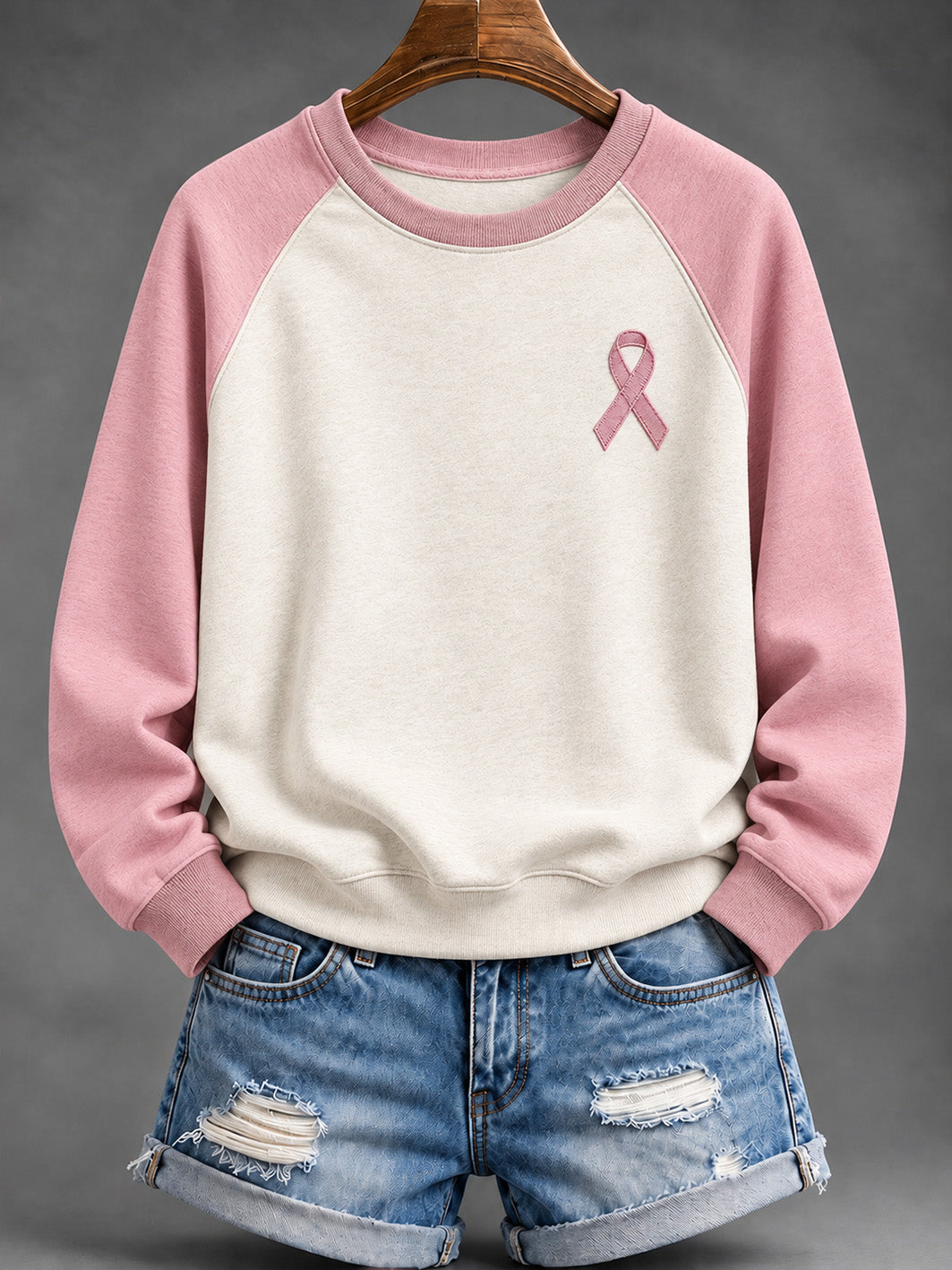 Sweat-shirt décontracté à manches raglan pour femme, motif ruban de la solidarité rose