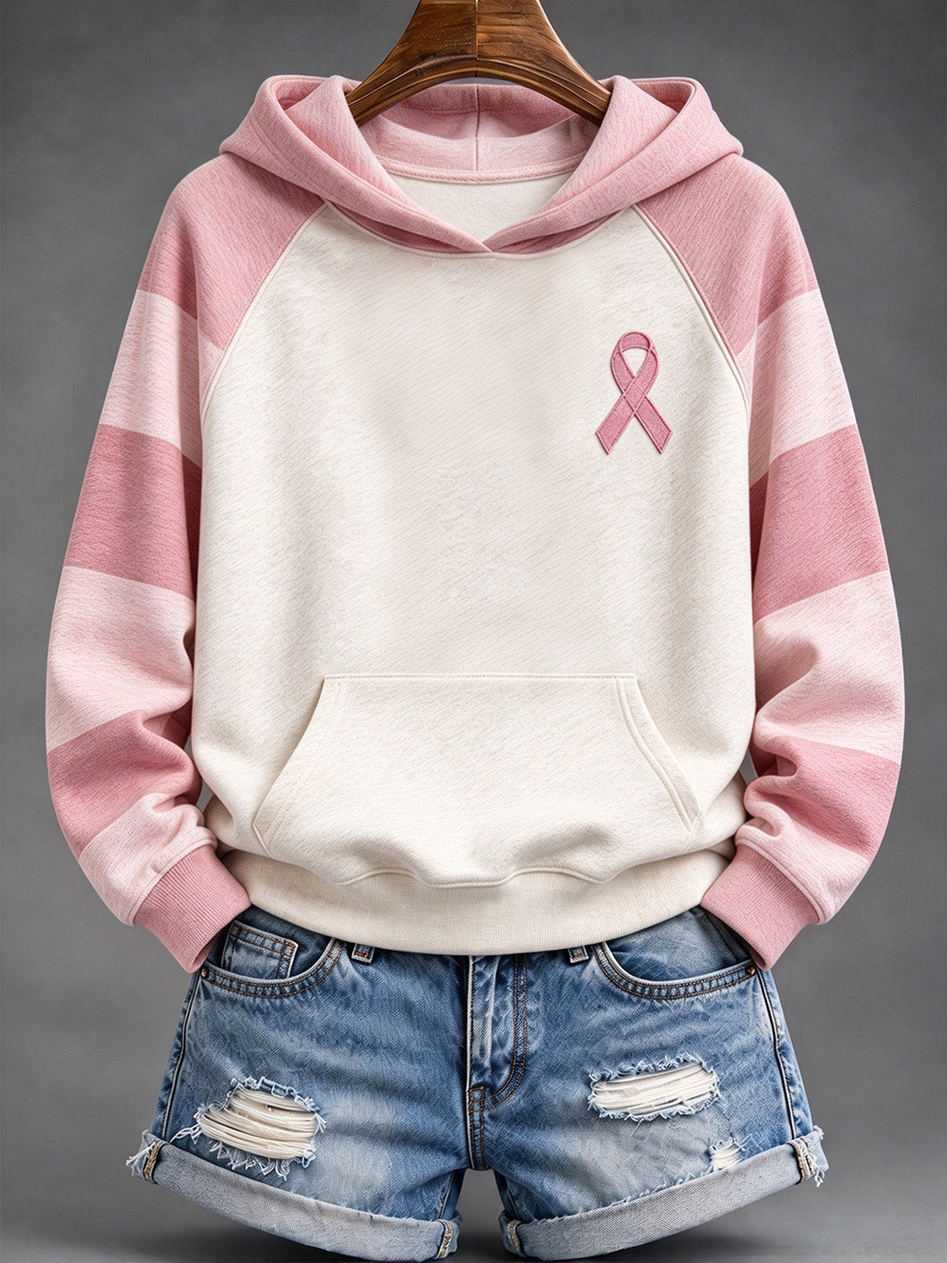 Femmes Rose rayé et rose Charité Ruban Motif Casual Hoodie