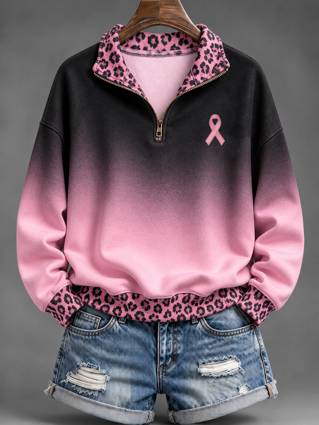 Ruban de charité rose des femmes et motif imprimé léopard Gradient Design Casual Half-Zip Sweatshirt