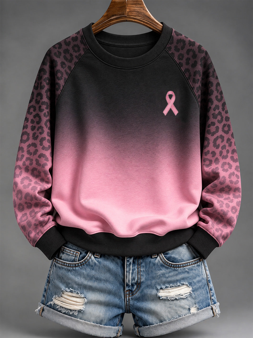 Ruban rose de la charité des femmes et motif imprimé léopard Gradient Design Casual manches Raglan Sweatshirt
