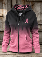 Les femmes Rose Charité Ruban et Léopard Imprimer Motif Gradient Design Casual Zip-Up Hoodie