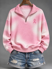 Sweat-shirt décontracté à demi-fermeture zippée pour femme, motif ruban de la solidarité rose en dégradé