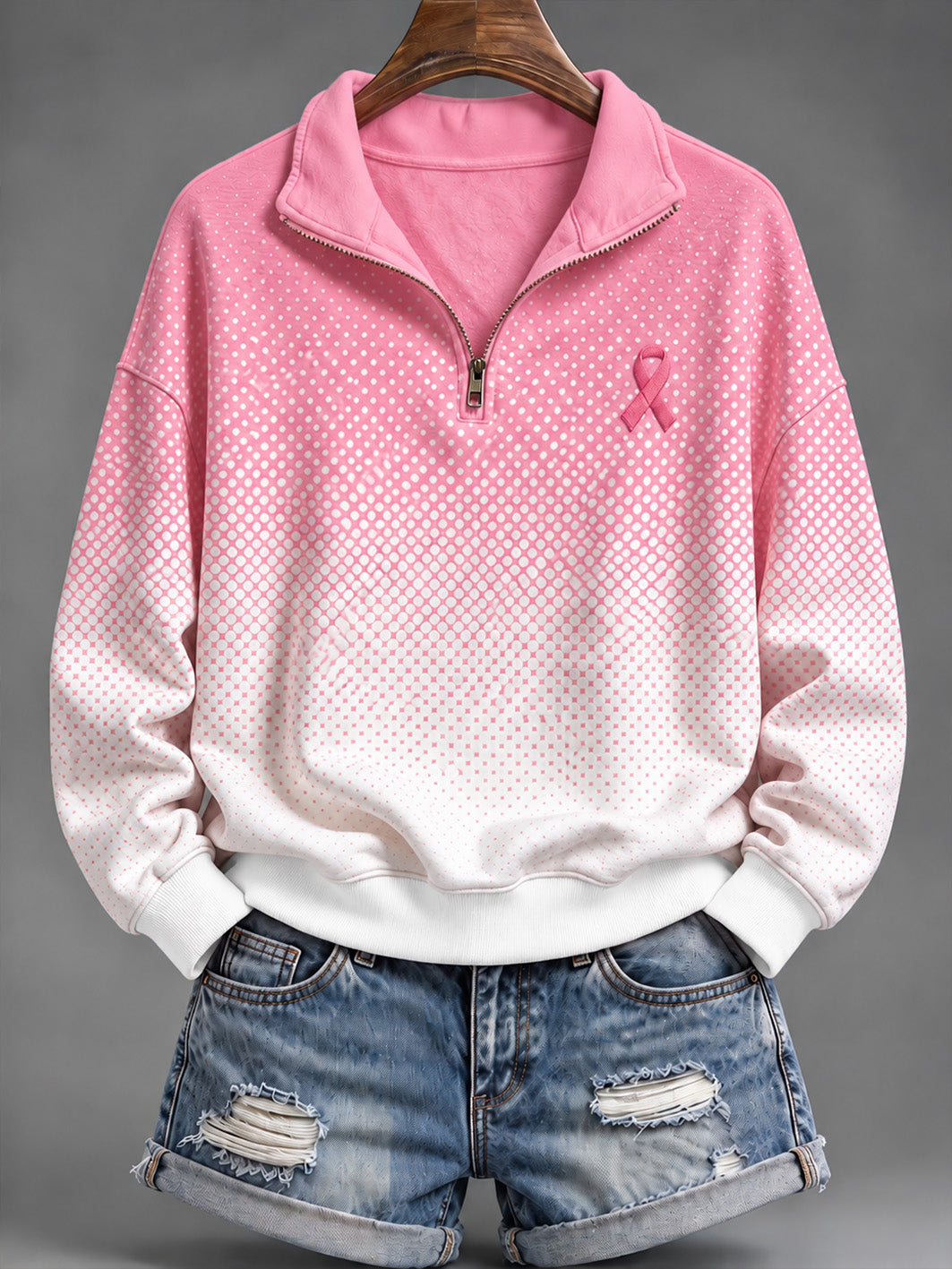 Femmes Rose Charité Ruban Motif Dégradé Rendu Conception Casual Demi-Zip Sweatshirt