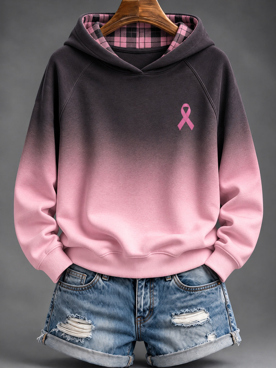 Sweat à capuche décontracté à motif de ruban de charité rose pour femmes patchwork patchwork dégradé