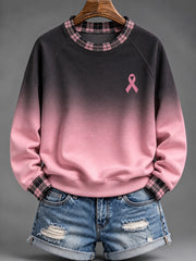 Femmes Rose Charité Ruban Motif À Carreaux Patchwork Gradient Conception Casual Sweatshirt