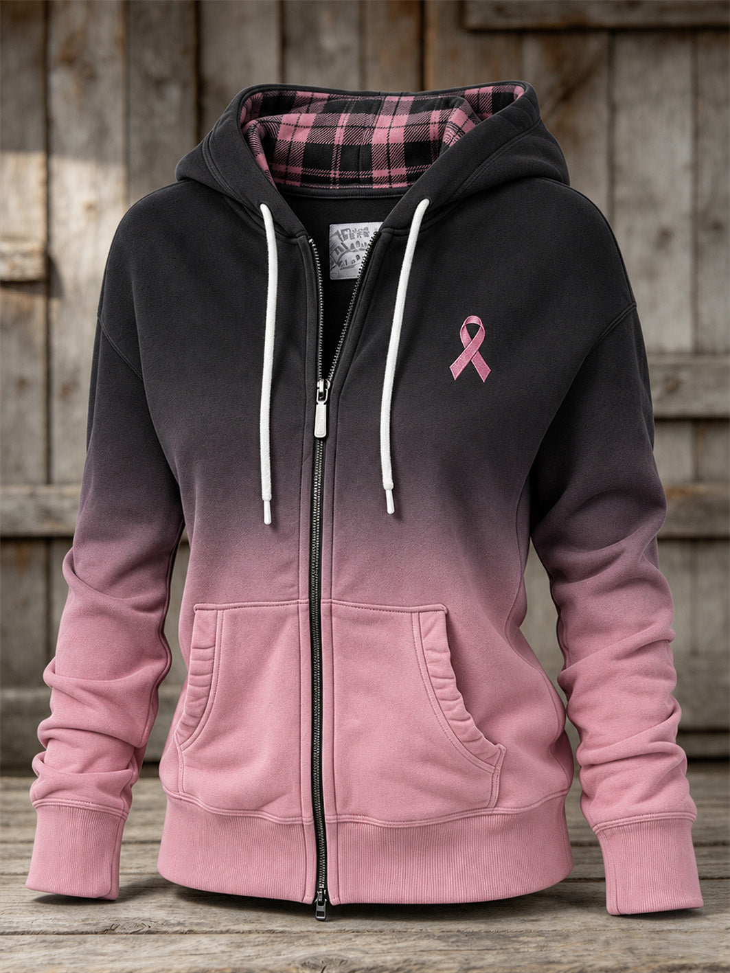 Motif de ruban de charité rose pour femmes à carreaux Patchwork Gradient Design Casual Zip-Up Hoodie