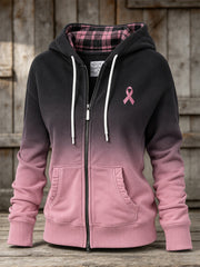 Motif de ruban de charité rose pour femmes à carreaux Patchwork Gradient Design Casual Zip-Up Hoodie